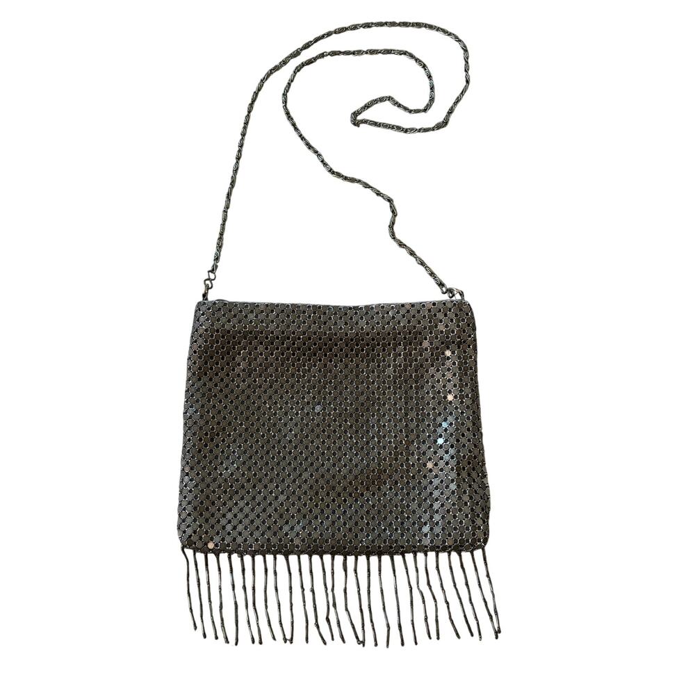 Vintage La Regale Fringe Silver Metal Mesh Shoulder Handbag Purse Satin Interior